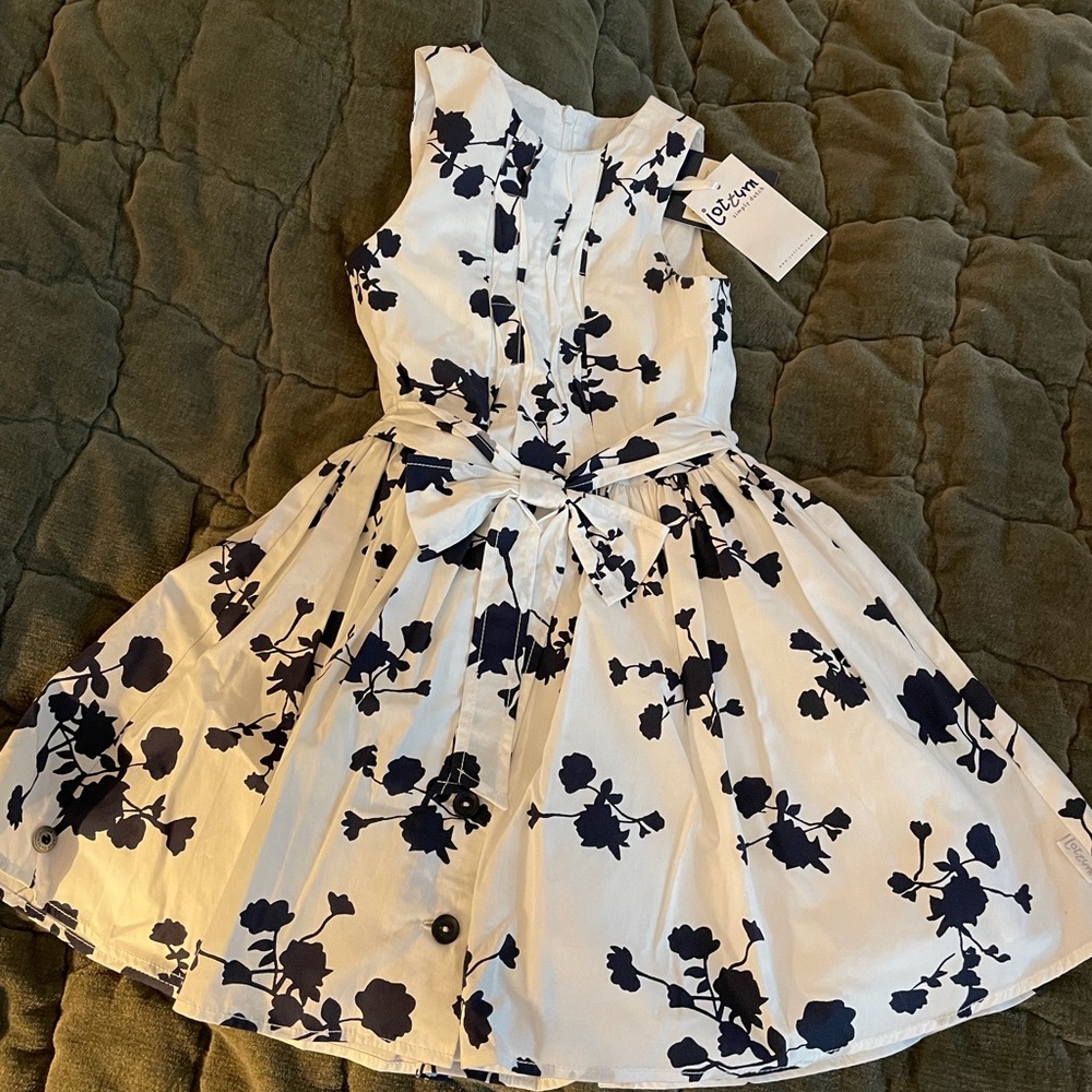 Jottum White and Navy Floral Kids Dress